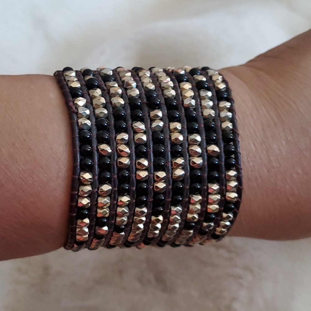 BROWN BLACK GOLD BEAD  CHUNKY SNAP CUFF LEATHER BRACELET